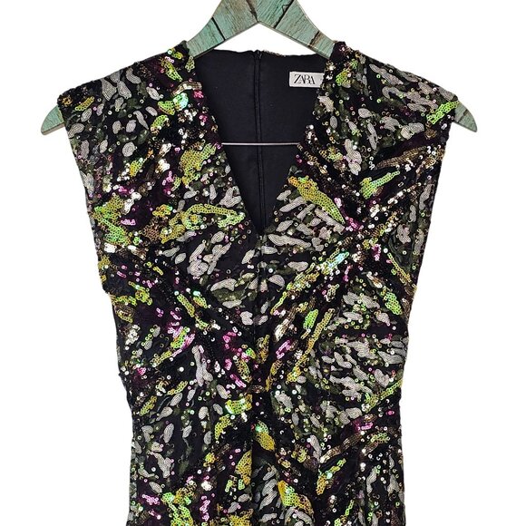 ZARA Multi-color Sequin Mini Dress Deep V-Neck Limited Edition, NWOT, Sz. XS - Picture 5 of 12